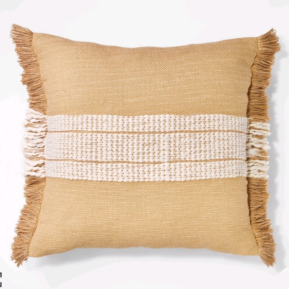Studio McGee NWT Woven Striped Square Throw Pillow with Fringe in Neutral